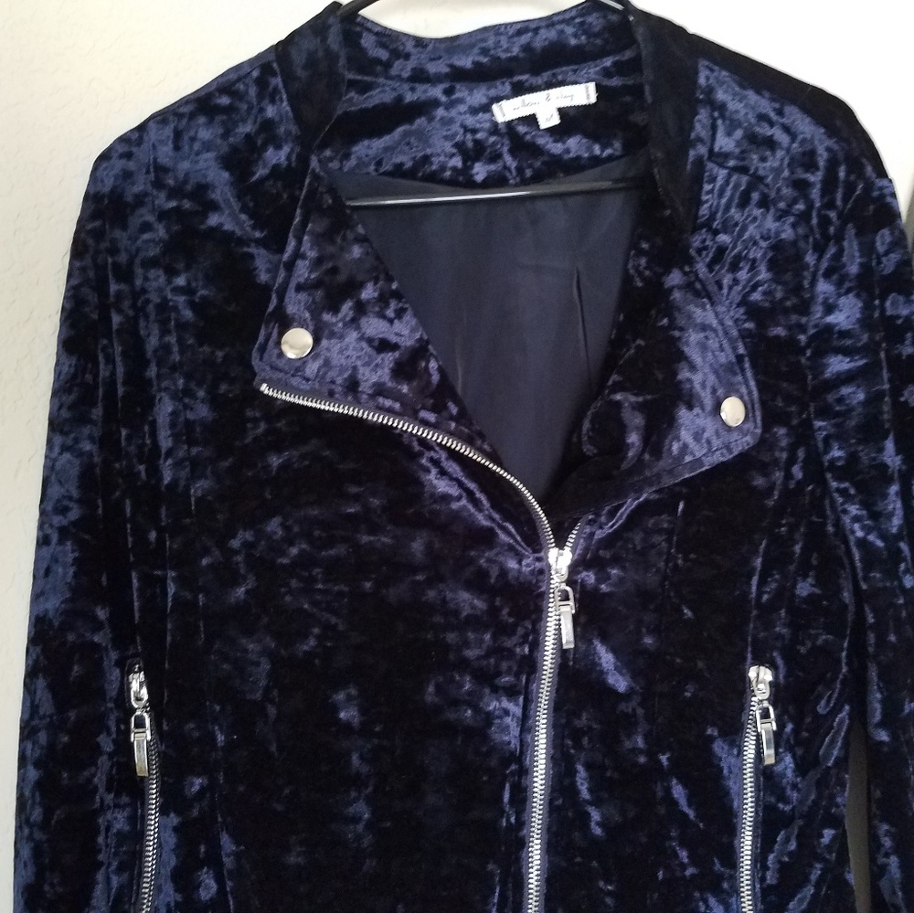 Willow & Clay Blue Velvet Moto Jacket Navy Blue M - Picture 7 of 8